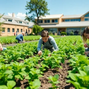 Students at Mississippi State University planting seedlings in a student farm.