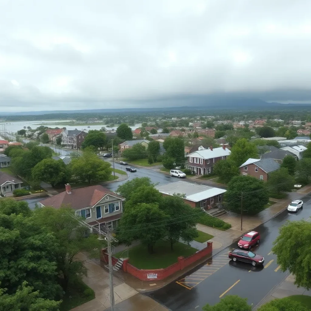 A scene depicting storm damage in Starkville and Columbus with downed trees and flooded streets.