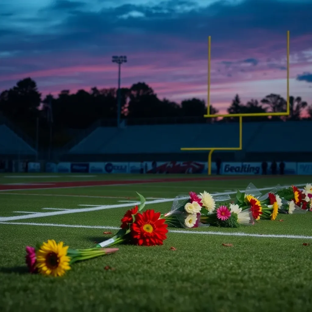 Tribute flowers on a football field to honor Dontae Walker