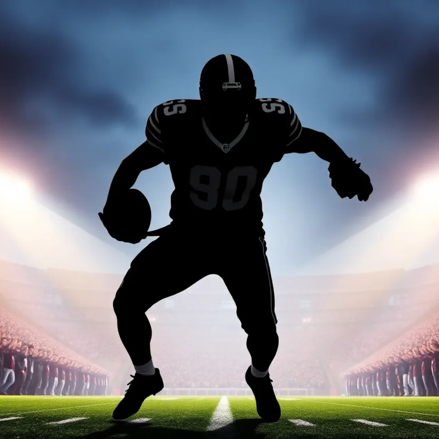 Silhouette of a running back in a football stadium during a tribute