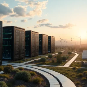 Futuristic AI data center powered by renewable energy