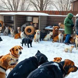 Animal shelter overwhelmed with pets during cold winter.