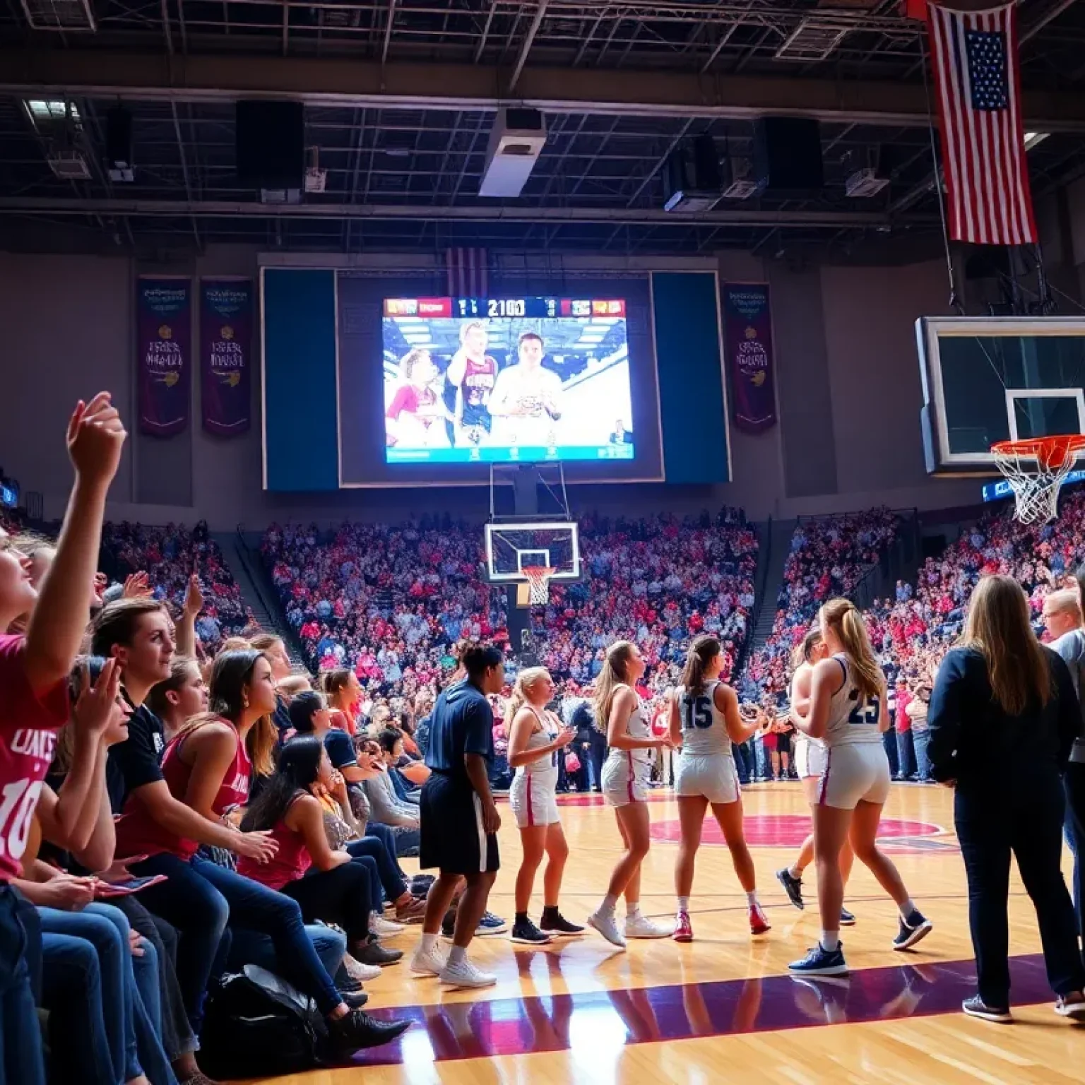 Fans celebrating during a women's basketball game at Mizzou Arena