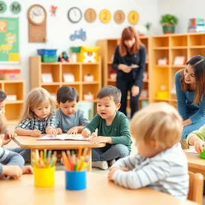 Children engaged in early learning activities in a colorful classroom