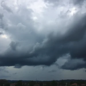 Stormy weather over Columbus Mississippi with threatening clouds and strong winds