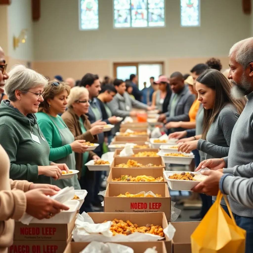 Volunteers serving food at community giveaway in Starkville