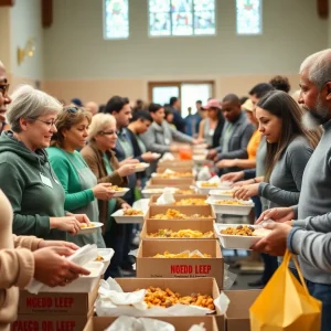 Volunteers serving food at community giveaway in Starkville