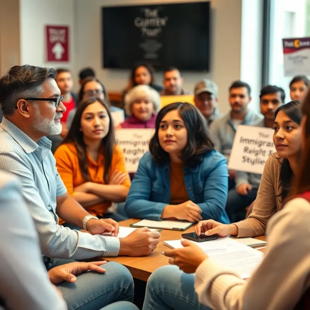 A diverse group of individuals engaged in a discussion about immigrant rights at a community meeting.