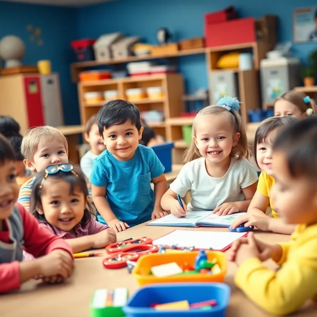 Children engaged in activities in a colorful early learning classroom