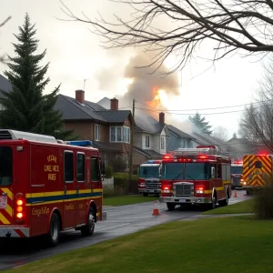 Firefighters and emergency responders at the scene of a trailer fire