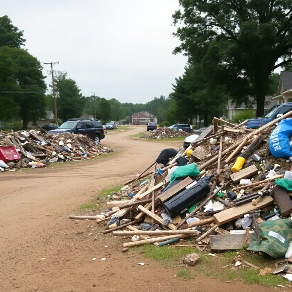 Piles of trash and debris in Oktibbeha County residential area showing illegal dumping