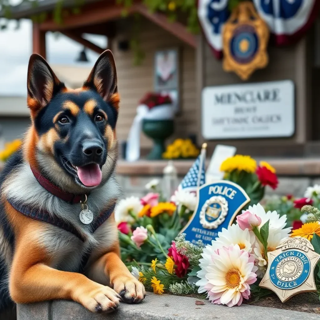 Tribute to K9 Officer Kojack with flowers and a police badge