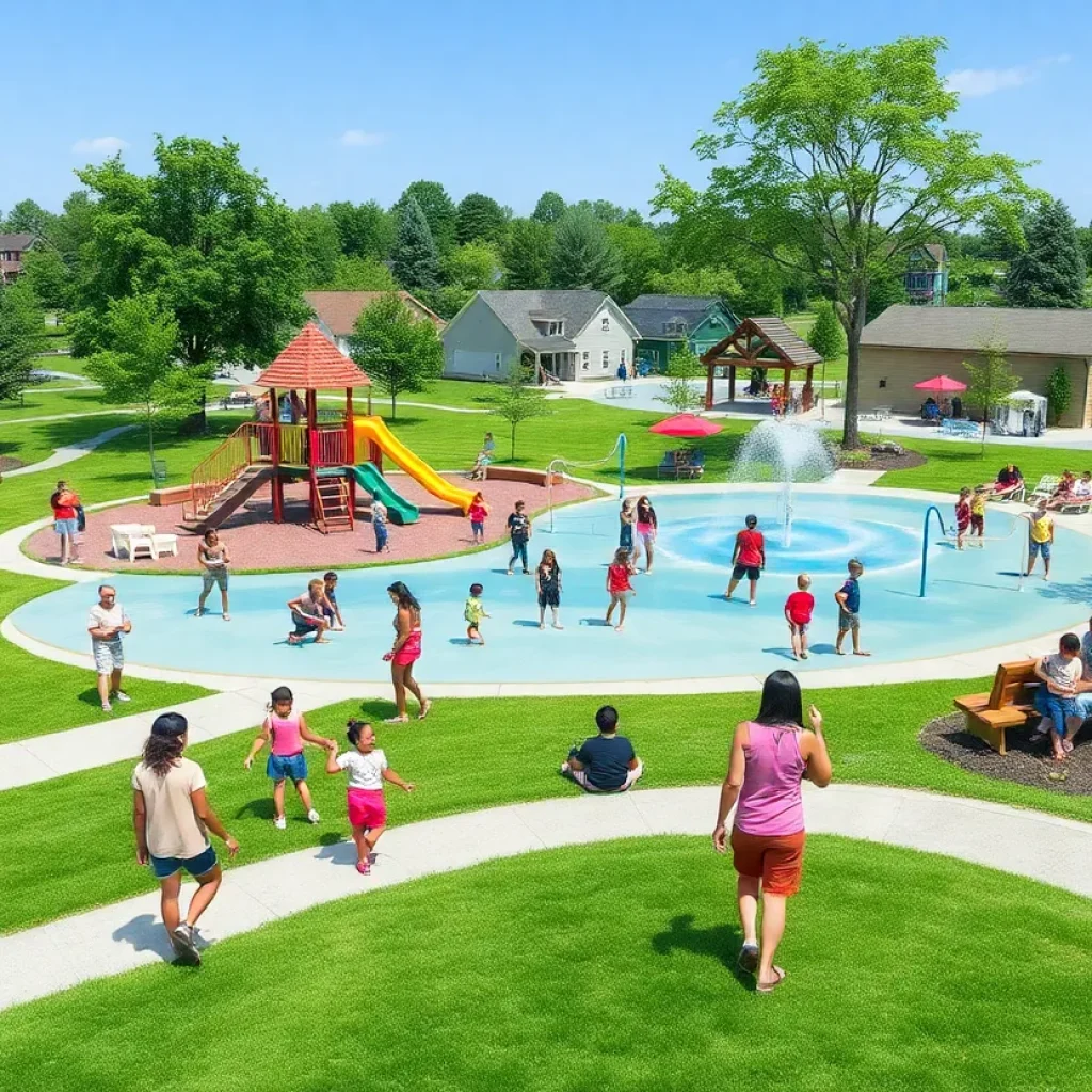 Families enjoying the renovated McKee Park with playgrounds and a splash pad