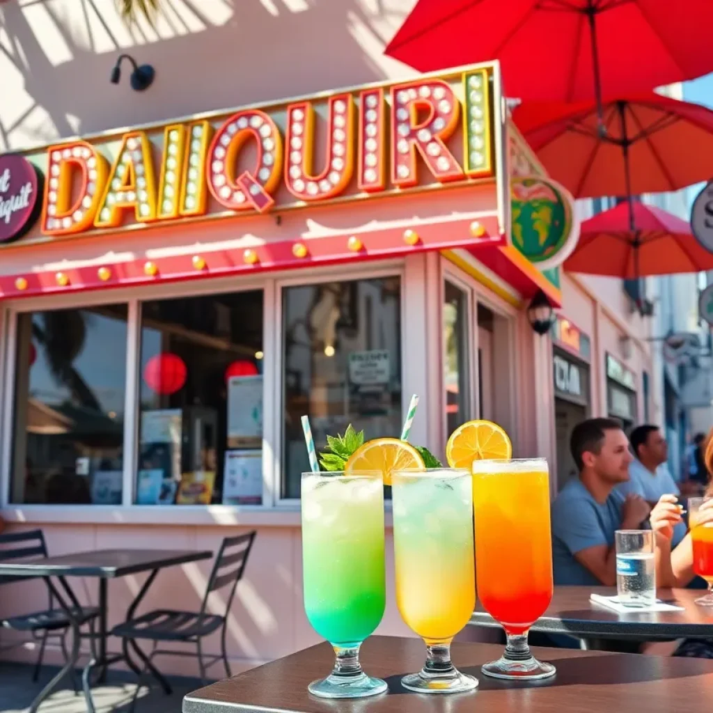 Exterior of Mississippi Ice Daiquiri Shop with customers enjoying drinks