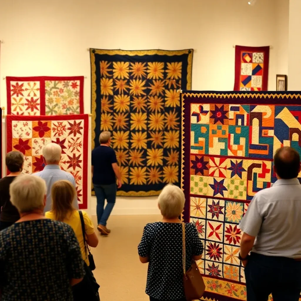 Visitors admiring quilts at the Mississippi quilt exhibition