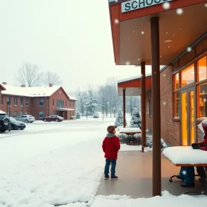 Snowy school campus in Mississippi during winter storm