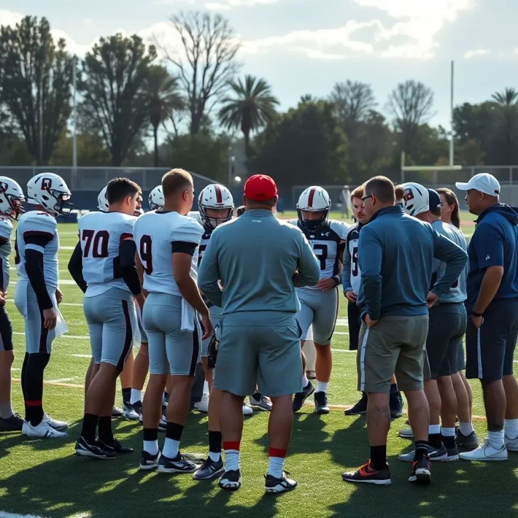 Mississippi State football team huddling with coaches