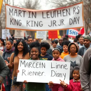 Community celebrating Martin Luther King Jr. Day with a freedom walk.