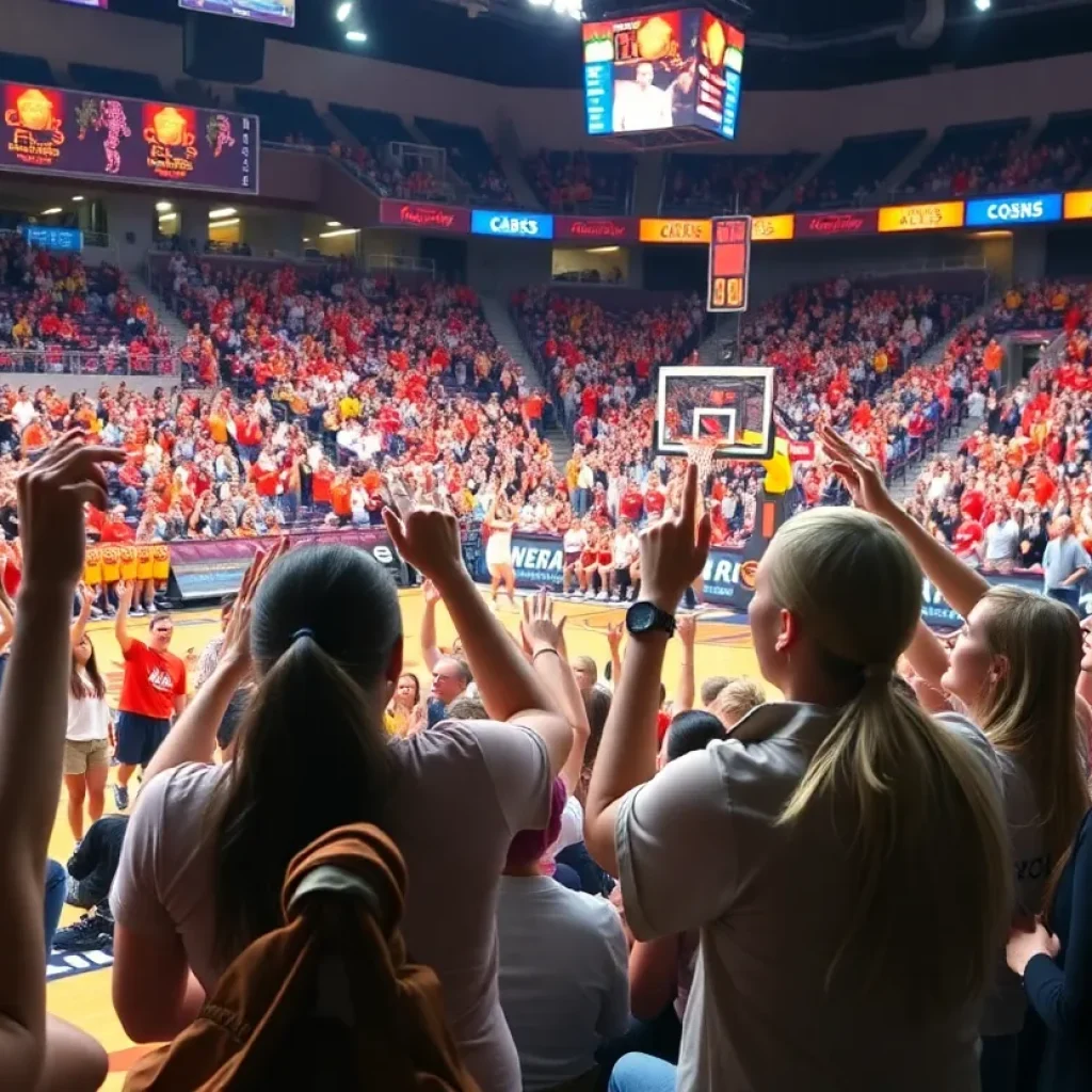 Women's basketball game between Ole Miss and Mississippi State with cheering fans in the background.