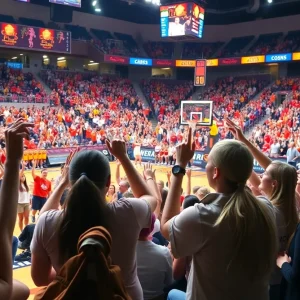 Women's basketball game between Ole Miss and Mississippi State with cheering fans in the background.