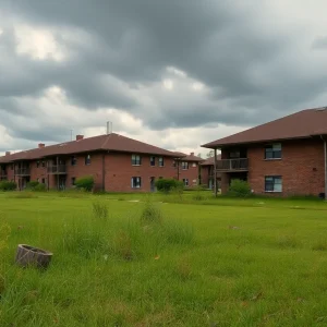 View of Pecan Acres housing development in Starkville with overgrown grass.