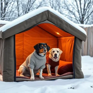 A dog in a sweater in front of a warm shelter in a snowy garden.