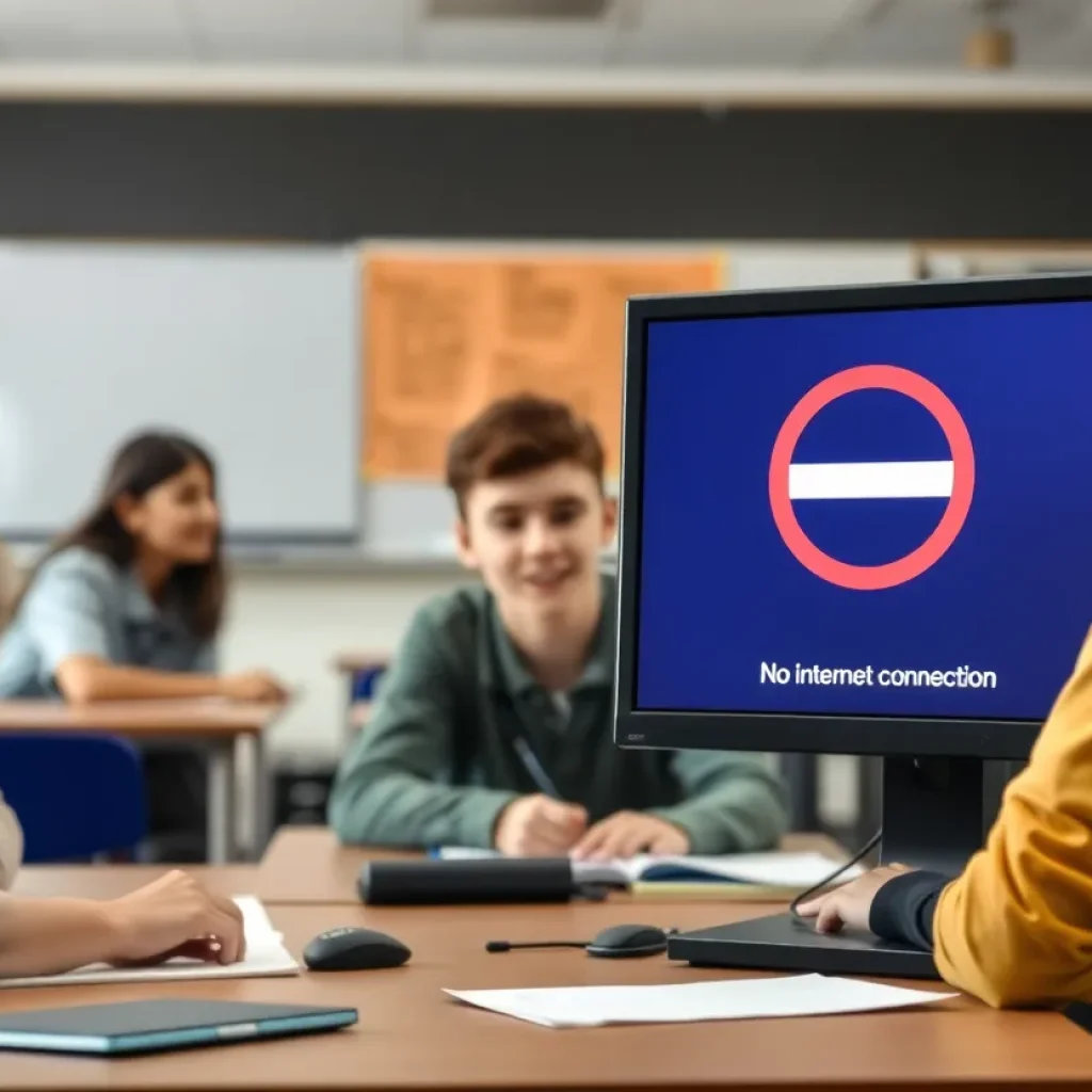 Students learning in a classroom without internet access