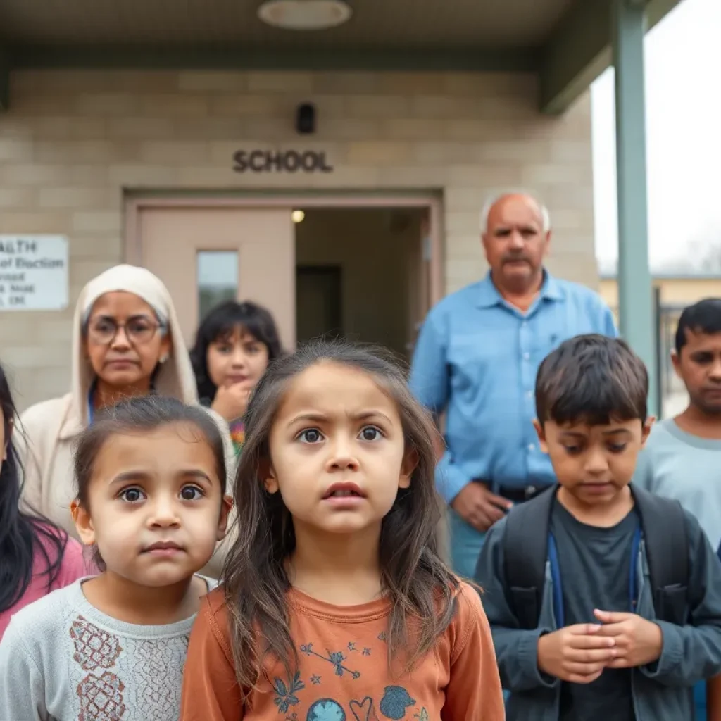 Concerned community members outside a high school