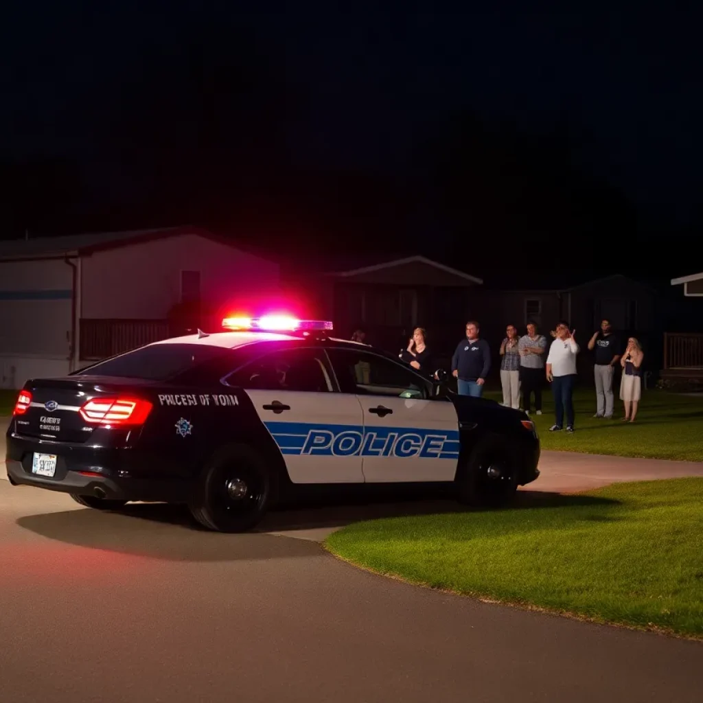 Police car responding to a domestic violence situation at a mobile home park