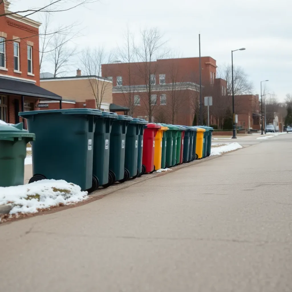 Garbage bins lined up in Starkville for collection