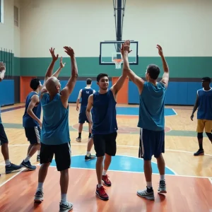 Starkville High basketball players on the court celebrating a win