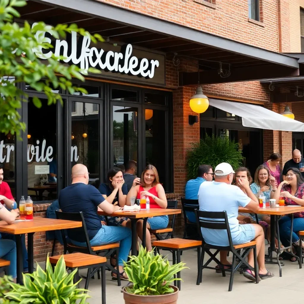 People enjoying outdoor dining at The Landing in Starkville