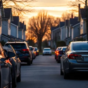 Dawn in Starkville showing parked cars and a quiet street