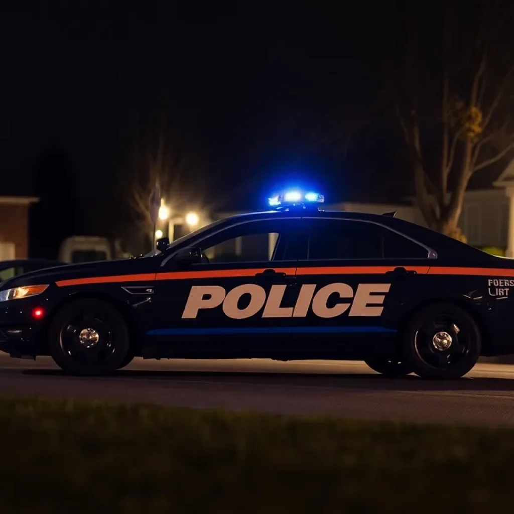 Police car with flashing lights in a Starkville neighborhood