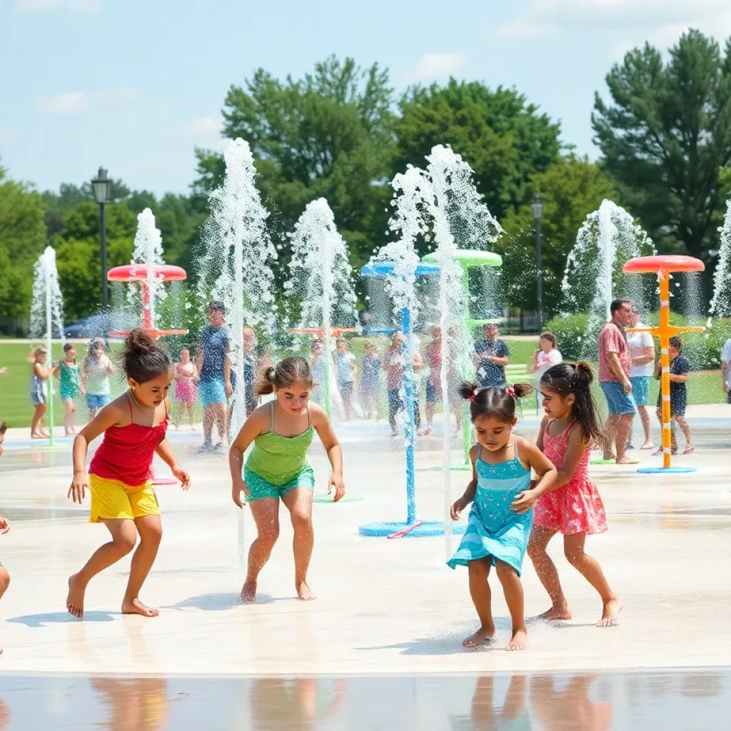 Families enjoying the new splash pad in Starkville's JL King Park