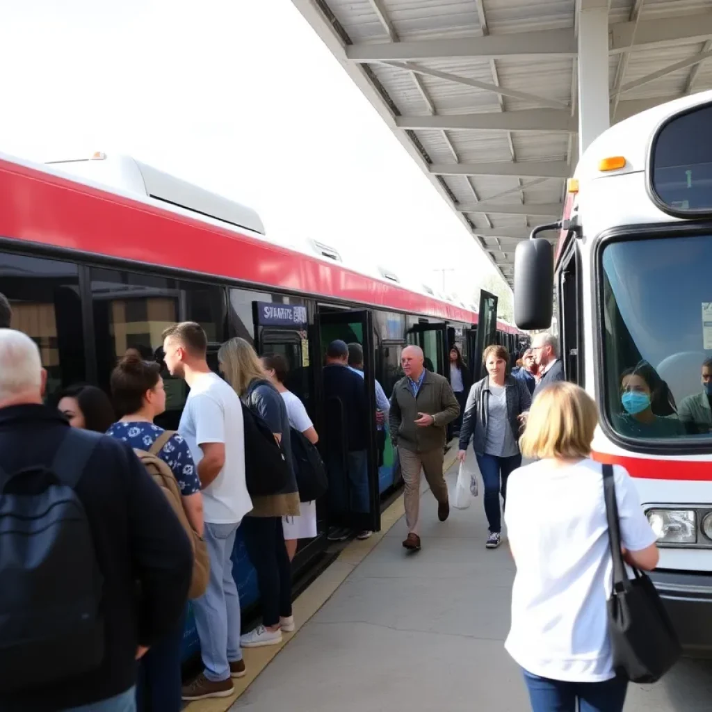 SMART buses at Starkville bus station with riders.