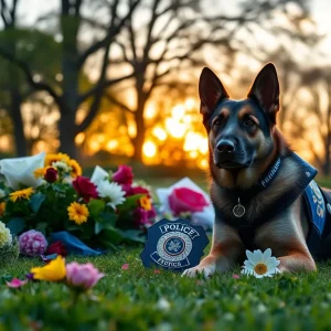 Memorial tribute for K9 Officer Kojack with flowers and a police badge.