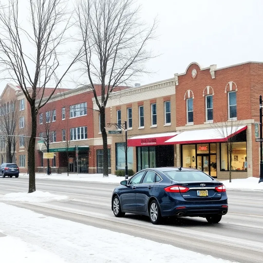 Snow covered street in Starkville, MS with closed businesses.