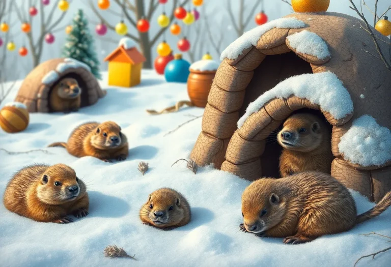 Groundhogs in a winter landscape making predictions for Groundhog Day 2025