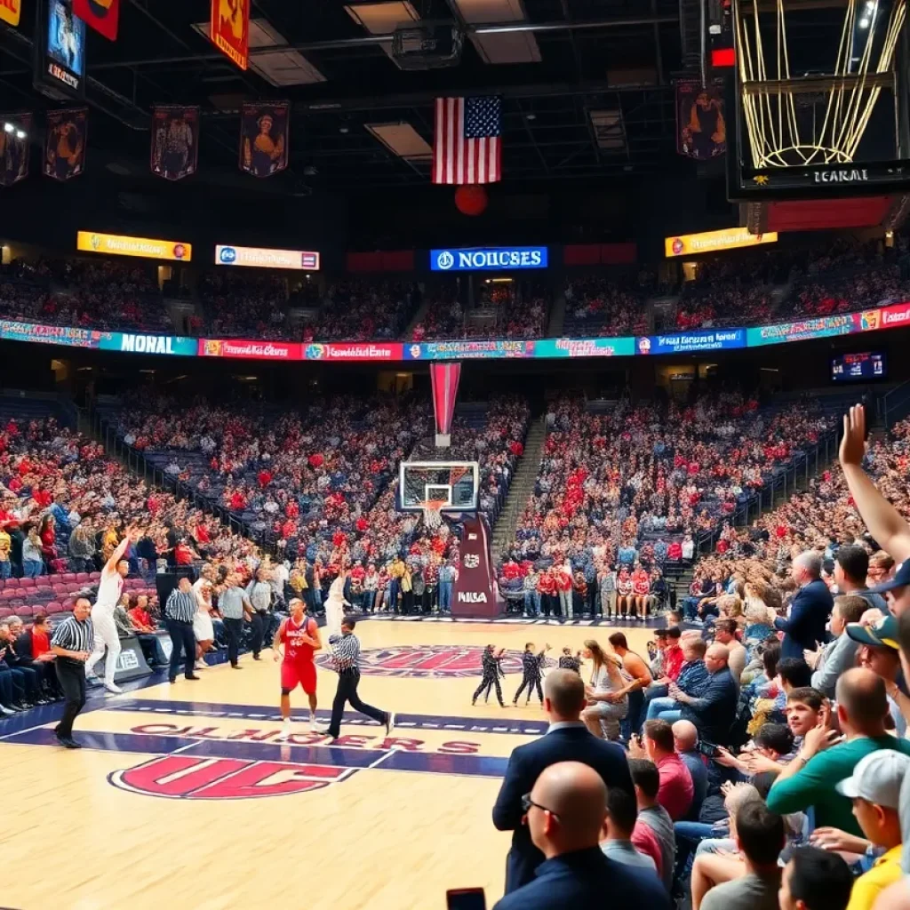 Exciting rivalry basketball game between Ole Miss Rebels and Mississippi State Bulldogs.