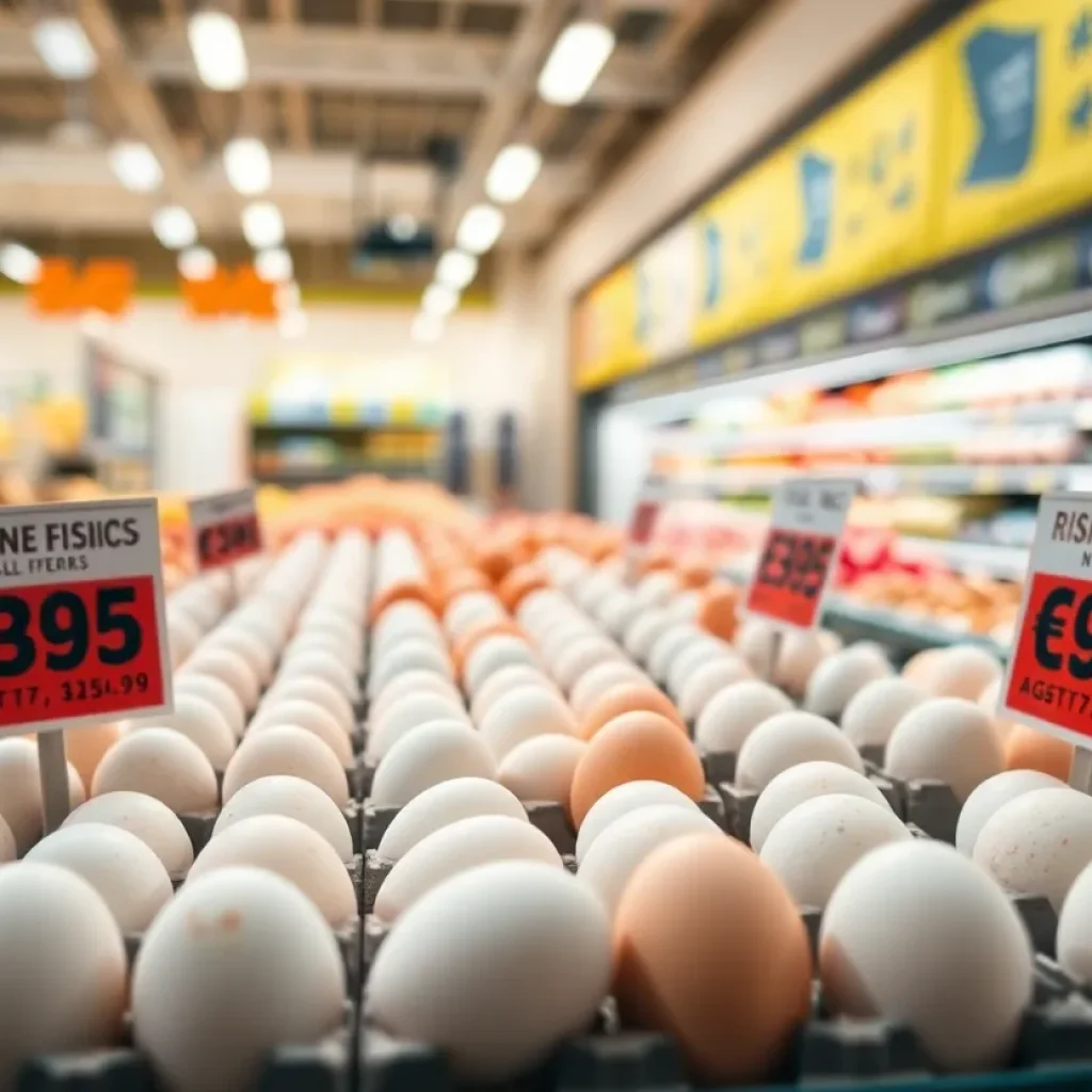 Grocery store eggs with price increase signs