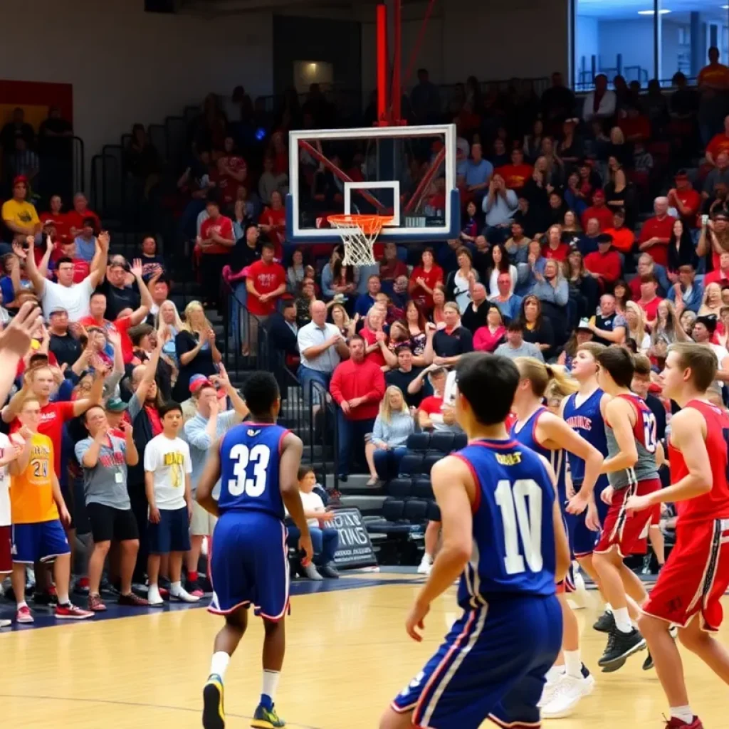 Players from Starkville Academy showing teamwork during a basketball game