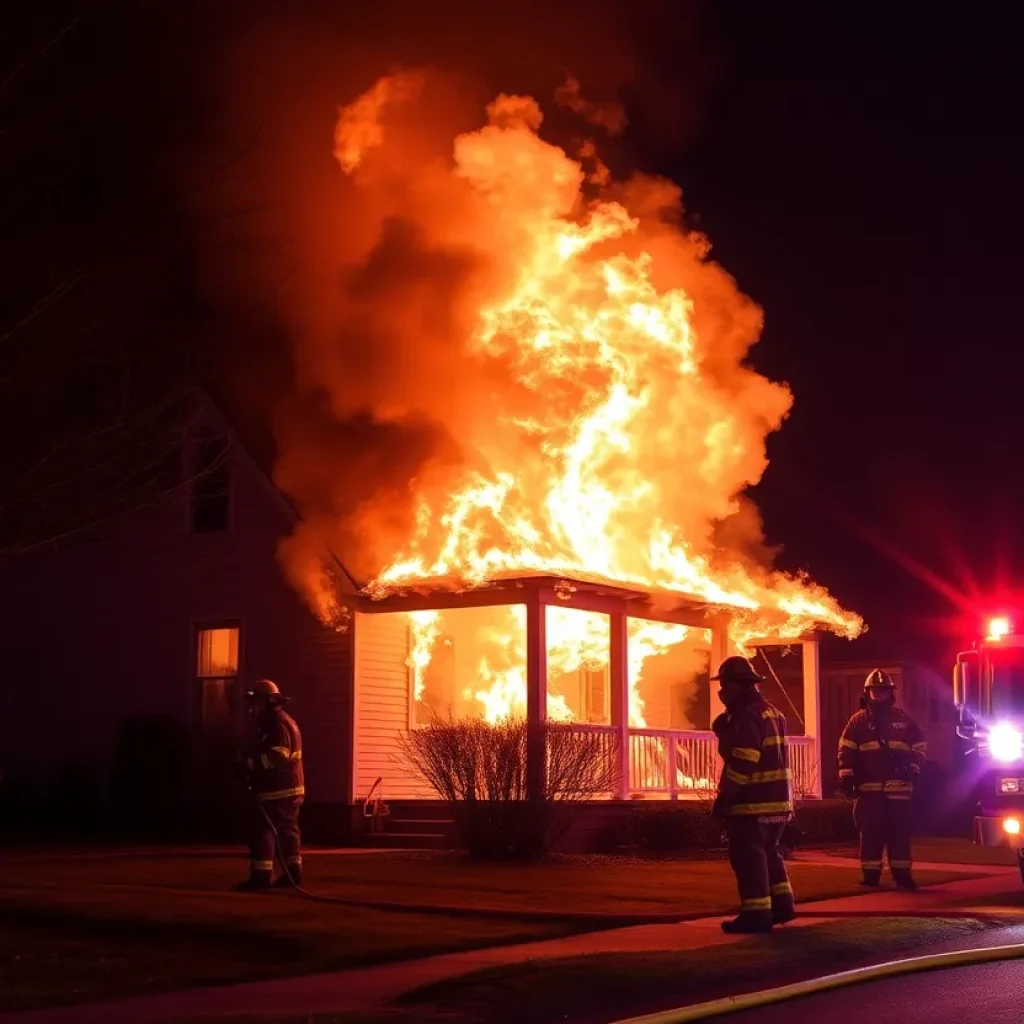 A house in Starkville engulfed in flames at night