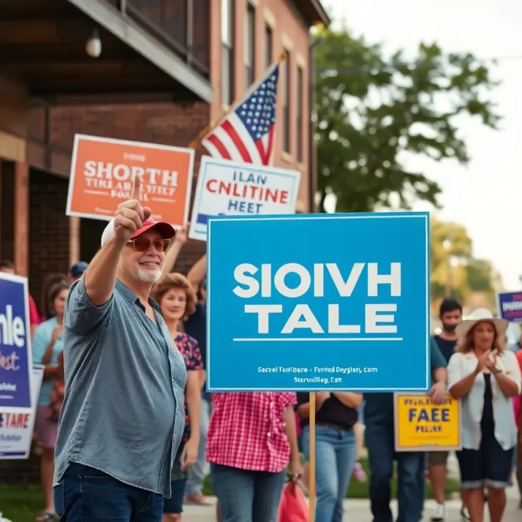 Residents of Starkville engaging in the mayoral race with campaign signs in a lively atmosphere.