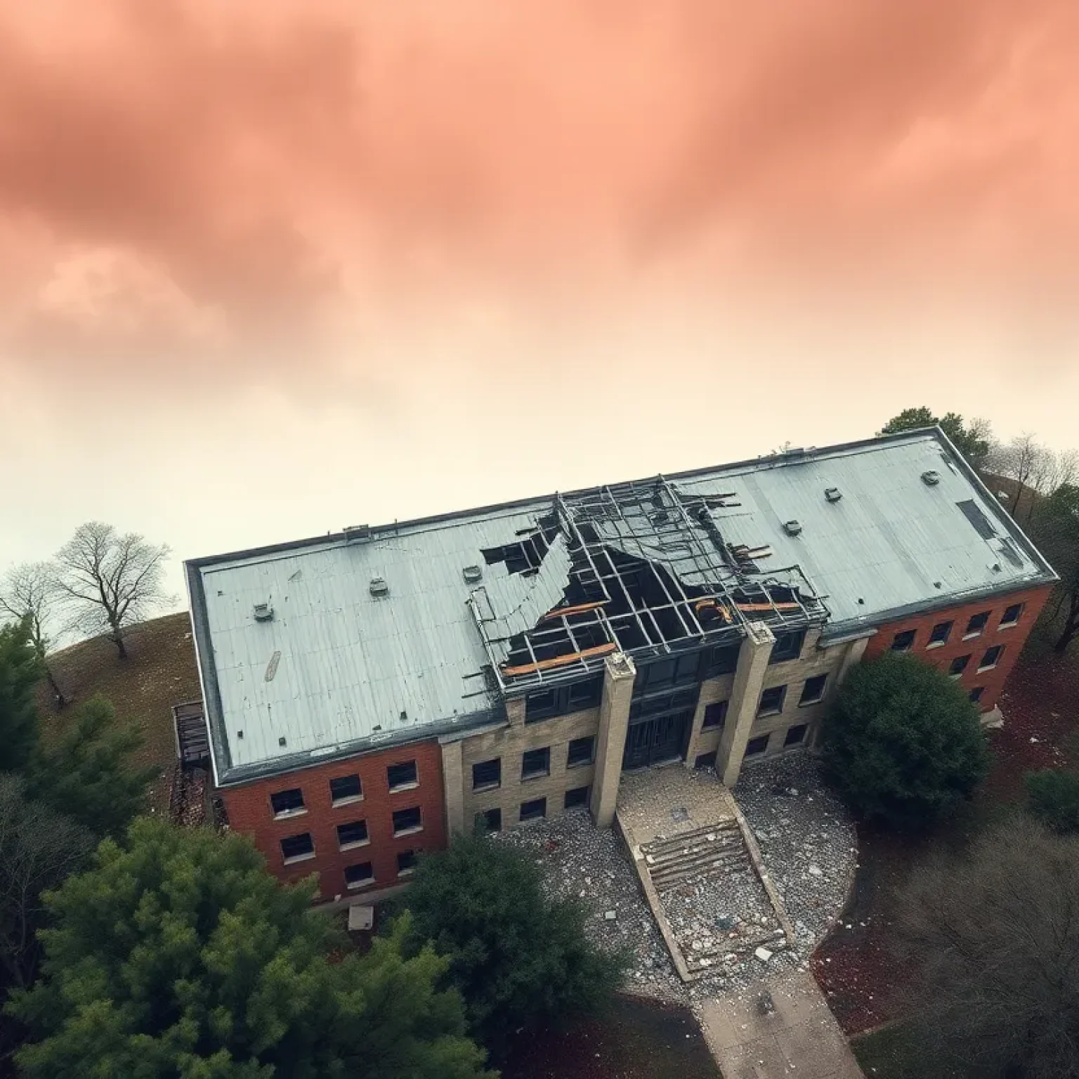 Aerial view of Clay County Jail showing severe roof damage due to winds.