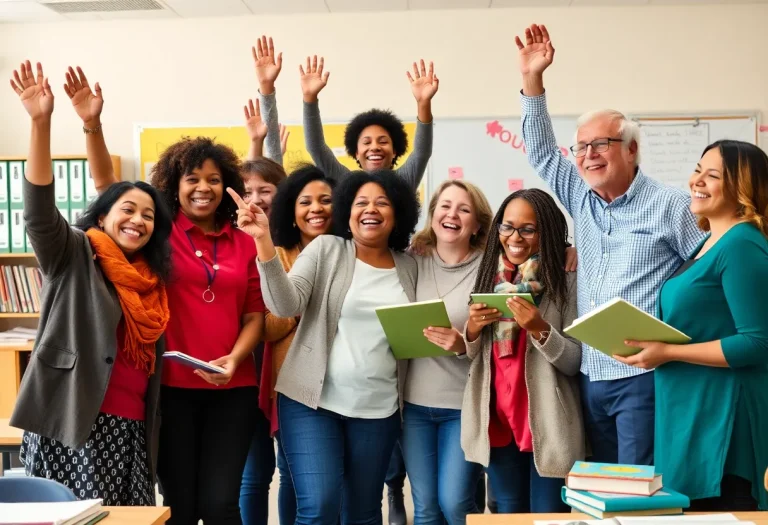 Group of educators celebrating in a classroom