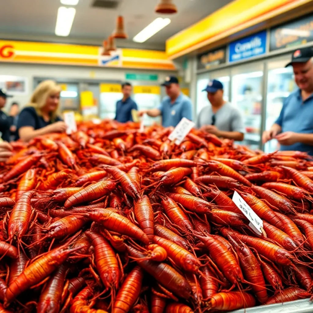 A selection of fresh crawfish for sale at Brewski's convenience store