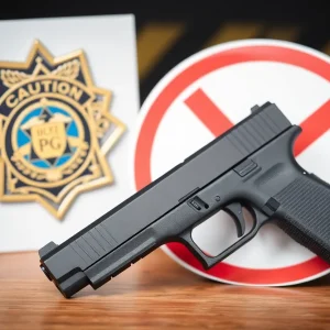 Symbolic representation of gun safety and law enforcement regarding illegal firearms.