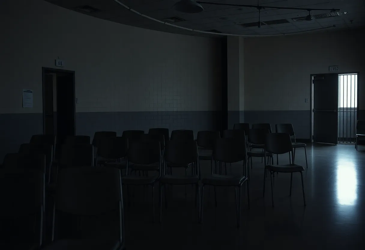 Somber prison visitation room reflecting an atmosphere of loss.