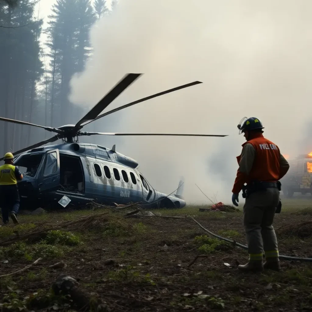 Scene of a helicopter crash with emergency responders at the site.